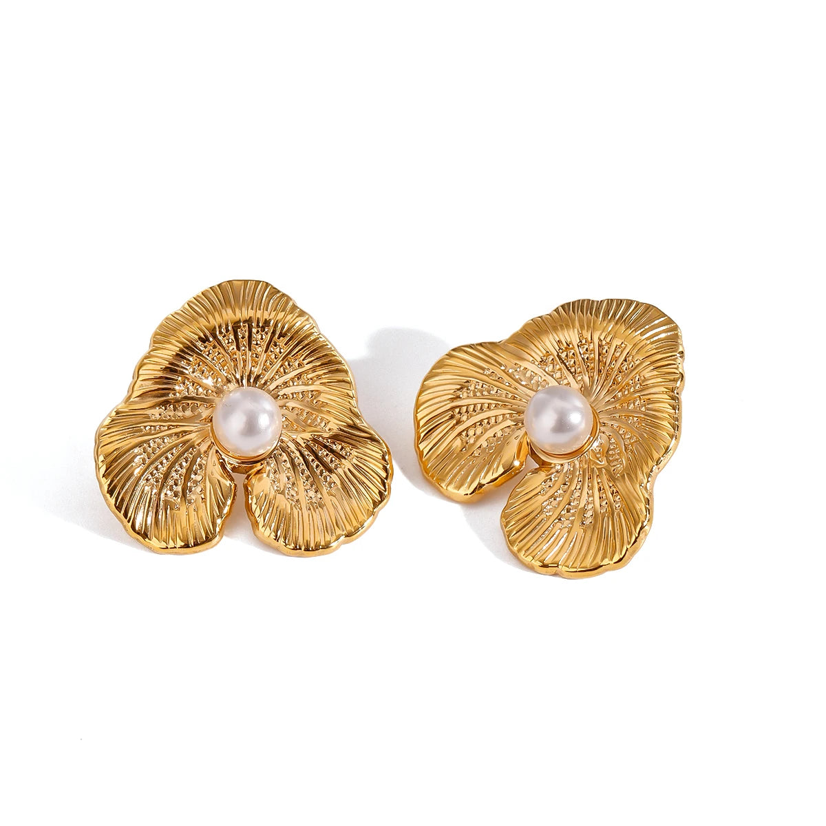 18K Stainless Steel Stylish Vintage Imitation Pearl Ribbed Flower Earrings  Women Trendy Charm Metal Chic Statement Jewelry