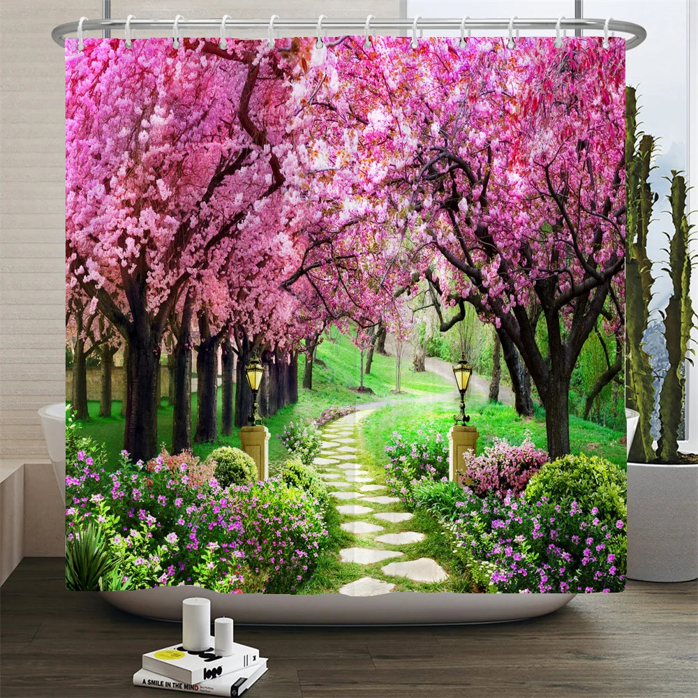 پرده دوش ضدآب حمام چاپ منظره گل فضای باز پلی‌استر 3D نمای خیابان باغ دکوراسیون منزل