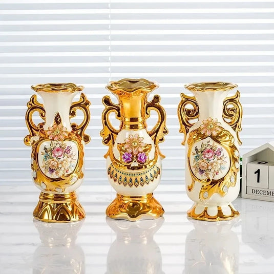 Elegant 24CM European Ceramic Vase with Hand-Painted Impressionist Flowers Perfect for Dried Blossom Arrangements Home Decor Shiny Golden Totem Pot Amphora Living Room Entrance Bedside Ornaments