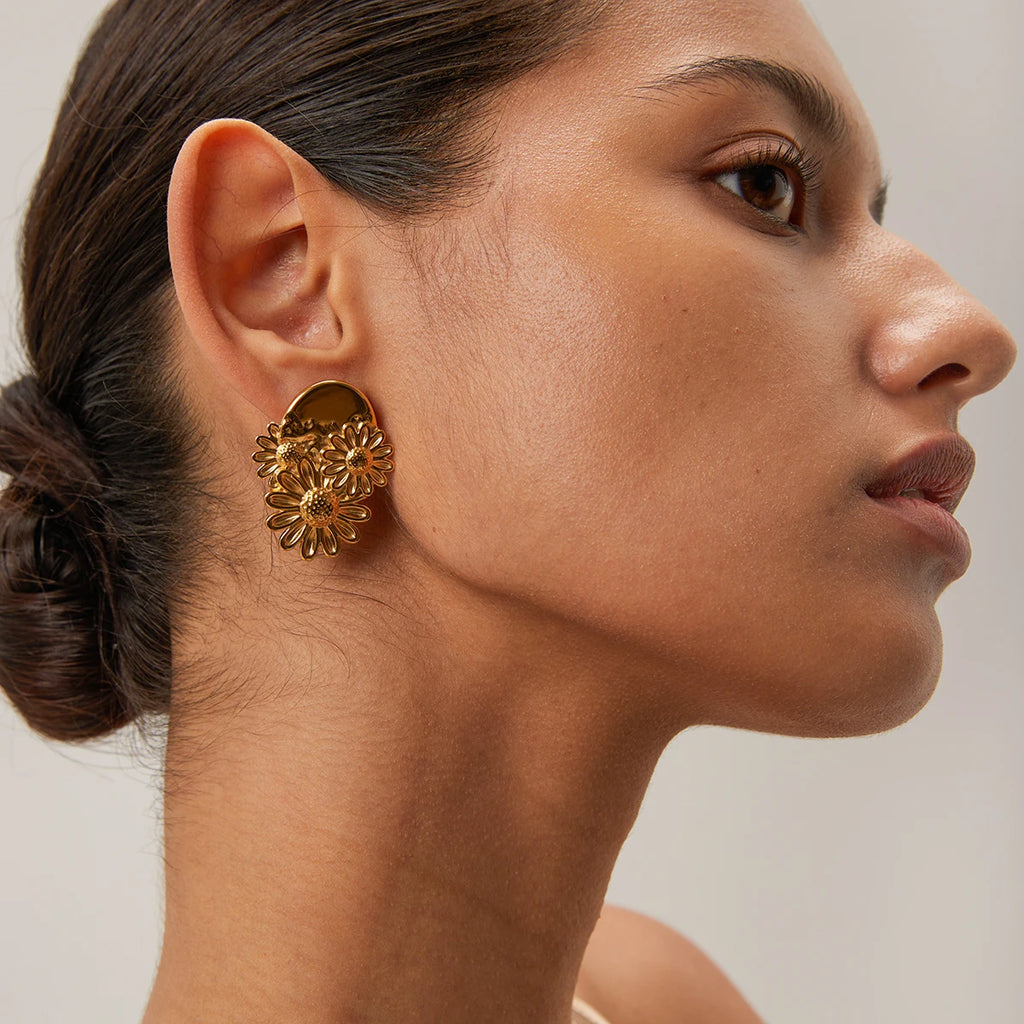 Stylish Unique Metal Textured Small Daisy Flower Design Earrings Stainless Steel 18k Gold Plated Women Holiday Jewelry - Grand Goldman