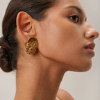 Stylish Unique Metal Textured Small Daisy Flower Design Earrings Stainless Steel 18k Gold Plated Women Holiday Jewelry - Grand Goldman