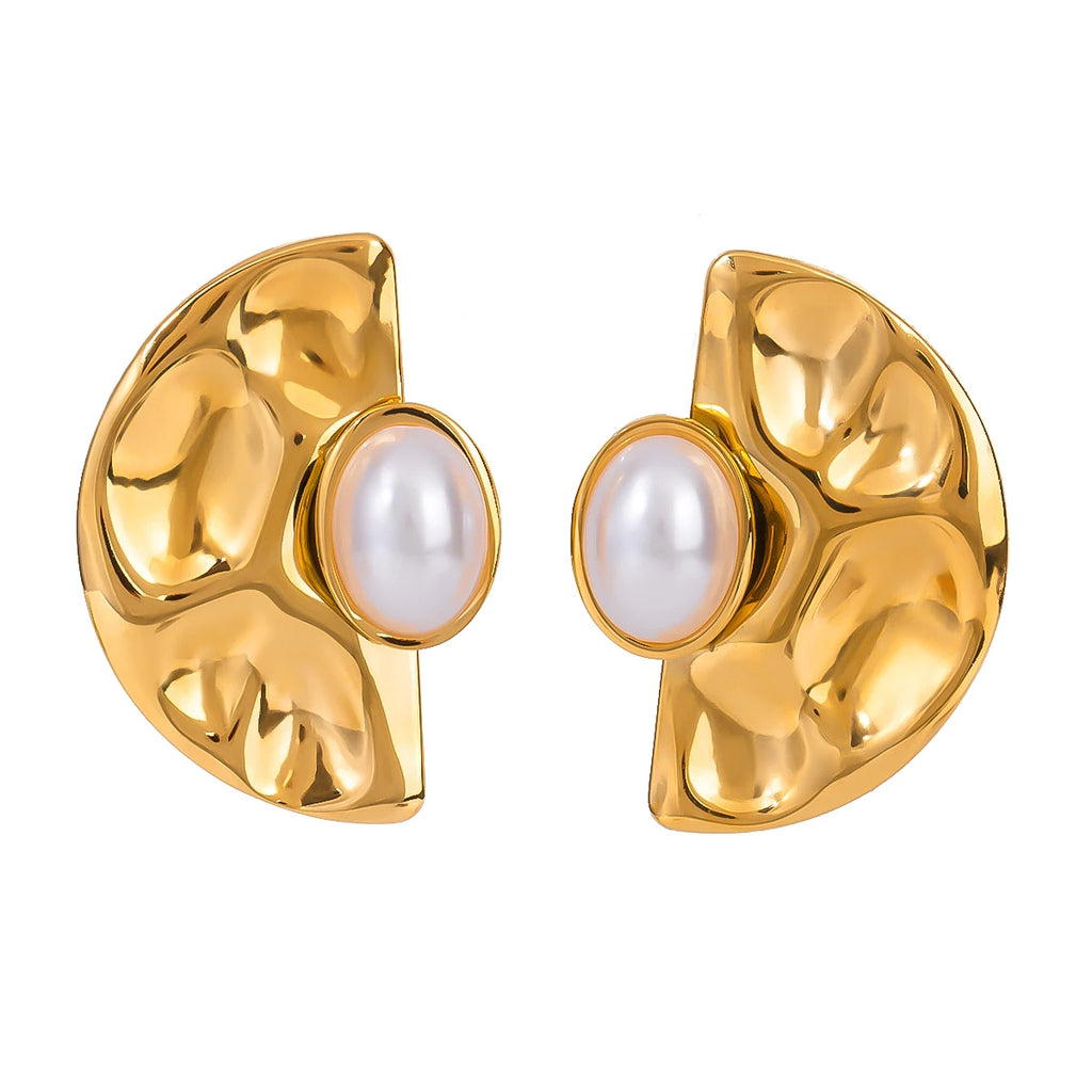Stainless Steel 18k Gold Plated Vintage Imitation Shell Bead Fan-shaped Hammer Earrings Women Temperament Fashion Charm Jewelry