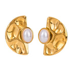 Stainless Steel 18k Gold Plated Vintage Imitation Shell Bead Fan-shaped Hammer Earrings Women Temperament Fashion Charm Jewelry