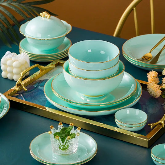 Jingdezhen Light Luxury Bone Porcelain Hand-painted Gold Border Bowl Plate Combination, Celadon Tableware Set for Household Use