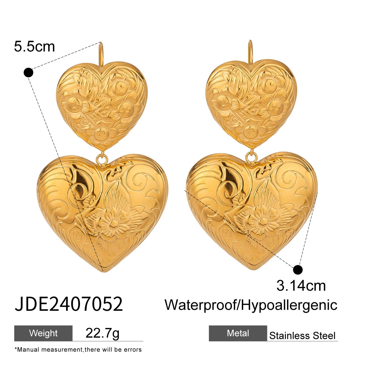 18K Gold Plated Stainless Steel Vintage Love Heart Texture Wave Earhook Earrings Women Romantic Charms Metal Daily Jewelry