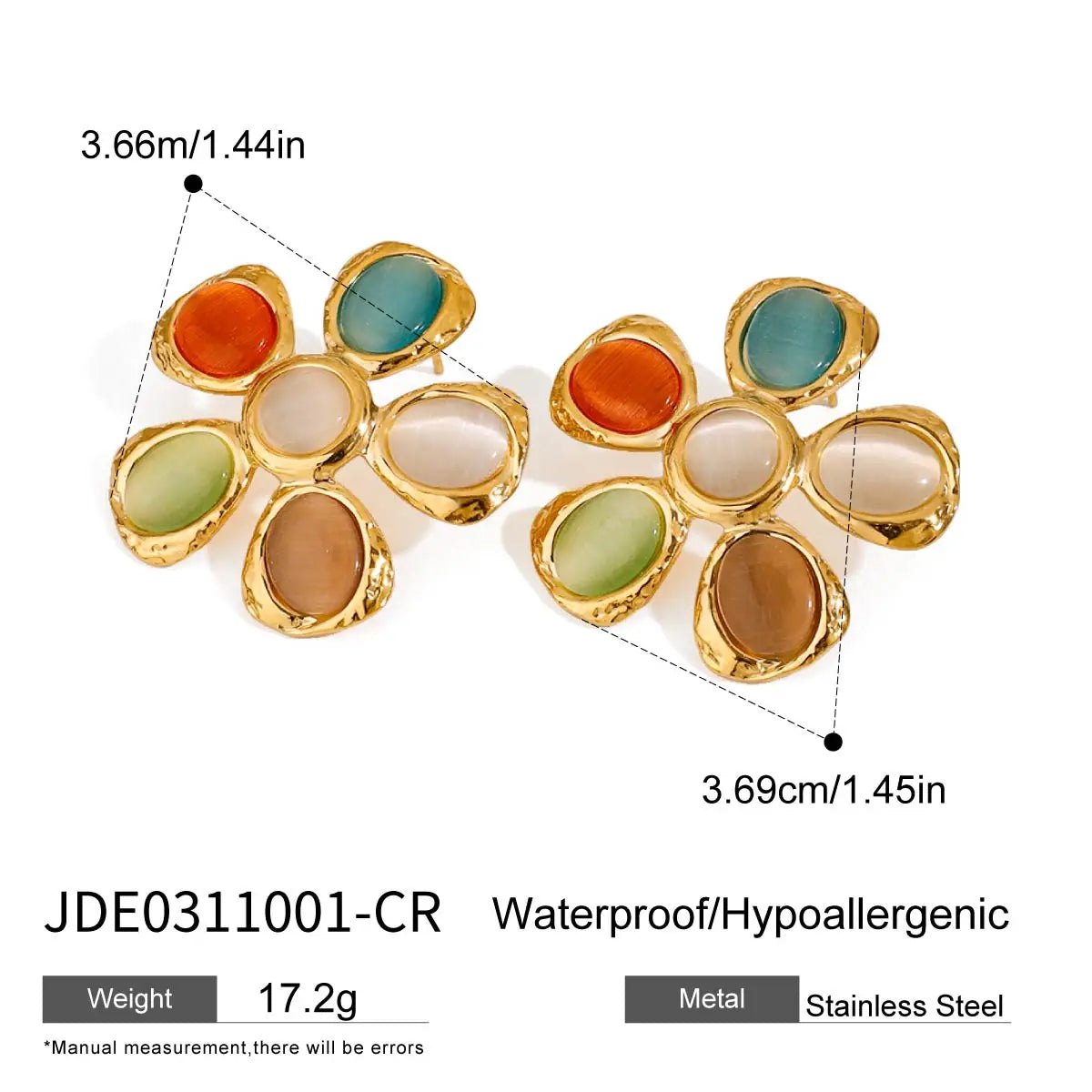 Minimalistisk 18k forgyldt rustfrit stål Farverige Cat Eye Stone Hammer Blomsterøreringe Ring Kvinder Anti Allergic Charm smykker