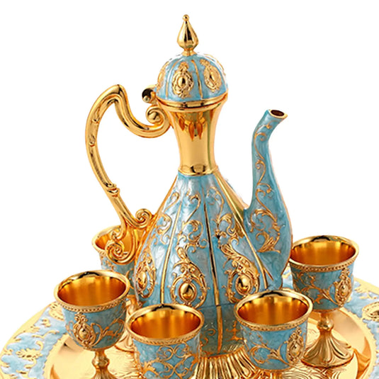 Luxurious Vintage Style Turkish Coffee Pot Set with Embossed Teapot, 6 Coffee Cups, and Elegant Zinc Alloy Storage Tray - Perfect for Home Decor, Wedding Gift, and European Style Drinkware