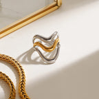 Gold Silber Farbe Passend Wellenförmiger Unregelmäßiger Flüssiger Offener Ring 18K PVD Beschichtet Damen Anti-Allergisch Metall Charm Täglicher Schmuck