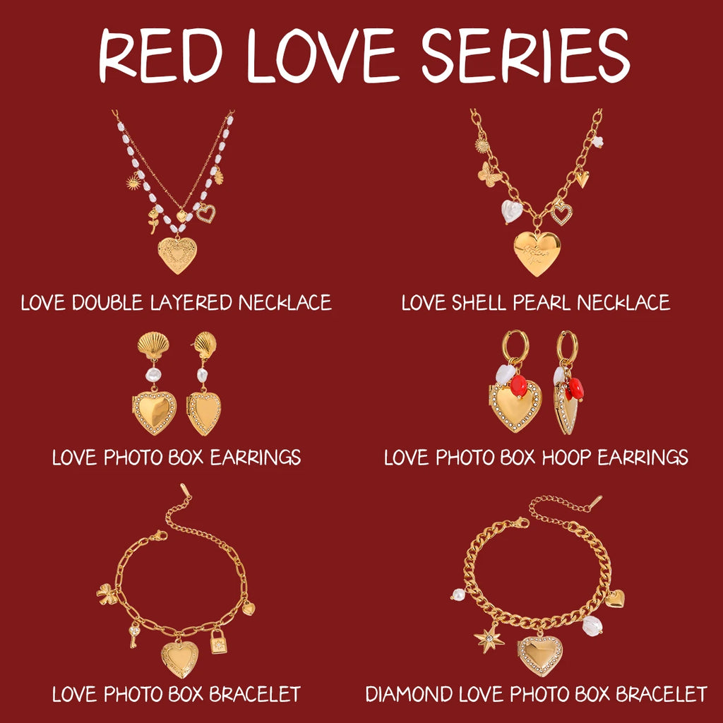 Orecchini a goccia con conchiglia placcata in oro 18k a forma di cuore d'amore, scatola per foto, acciaio inossidabile, donna, antiruggine, regalo per gala, gioielli