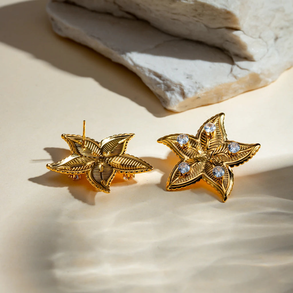 Stainless Steel 18K Gold Plated Starfish Shaped Earrings Inlay Zircon Vintage Statement Stylish Waterproof Jewelry Women