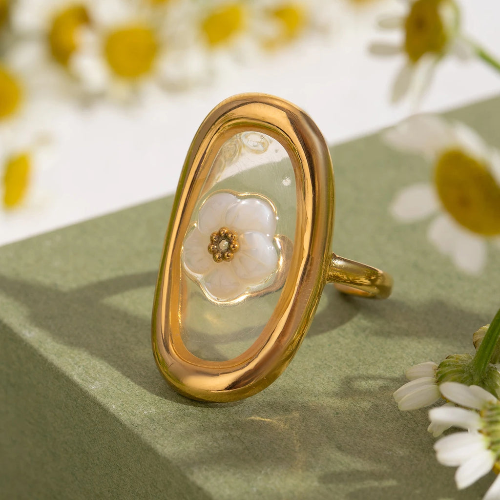 Kreativer 18K vergoldeter Edelstahl Oval Muschel Blumen Stahlperlen Offener Ring Damen Antiallergischer Charme Täglicher Schmuck