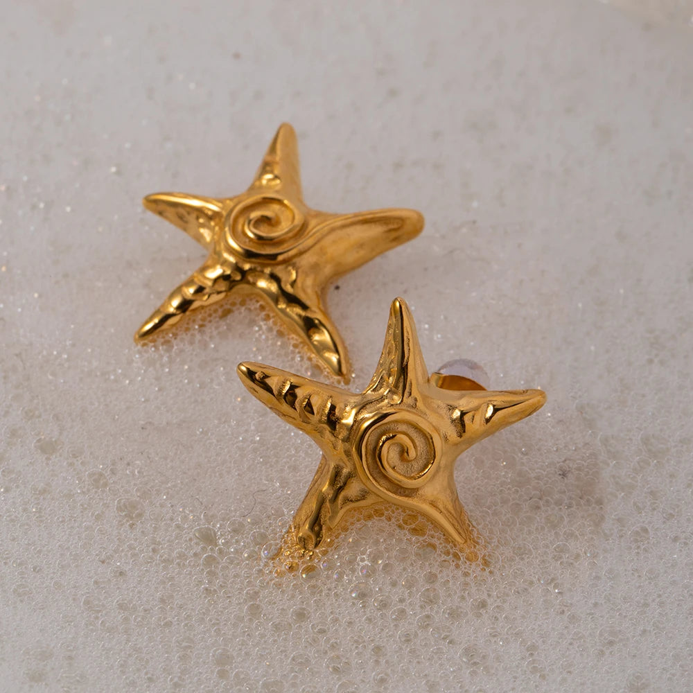 Stainless Steel 18k Gold Plated Minimalist Five Pointed Stars Shaped Spiral Stud Earrings Waterproof Femme Chic Gala Jewelry