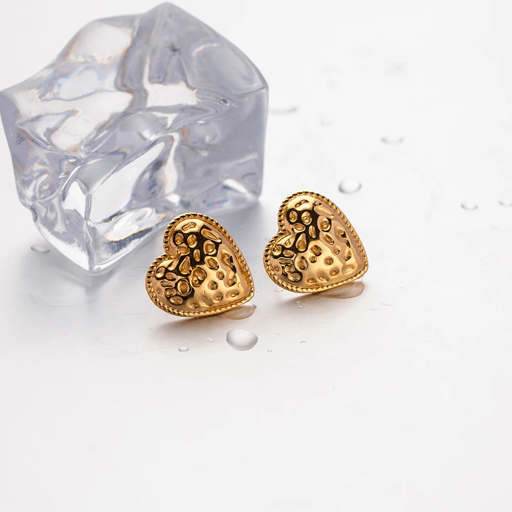 Heart Hammer Grain Earrings 18K Gold-Plated Trendy Tarnish-proof Love Shape Dangle Women's Fashion Geometric Earrings