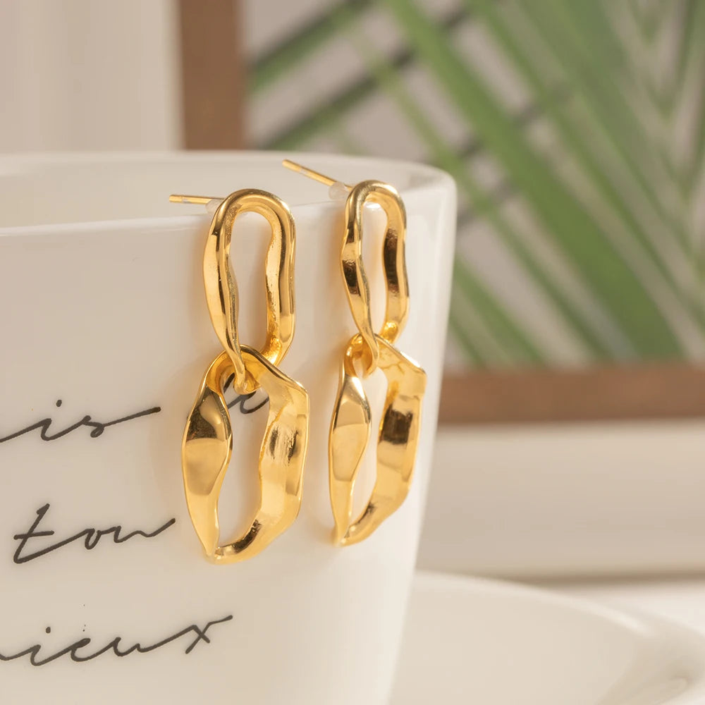 Irregular Vintage Design Chain Buckle Dangle Earrings For Women Classic Stainless Steel Waterproof Jewelry Gift