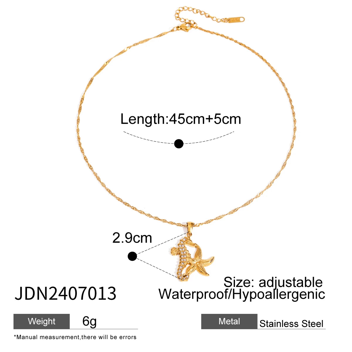 18K Stainless Steel Waterproof Seahorse Starfish Adhesive Rhinestone Earrings Necklace Women Anti Allergic Elegant Charm Jewelry