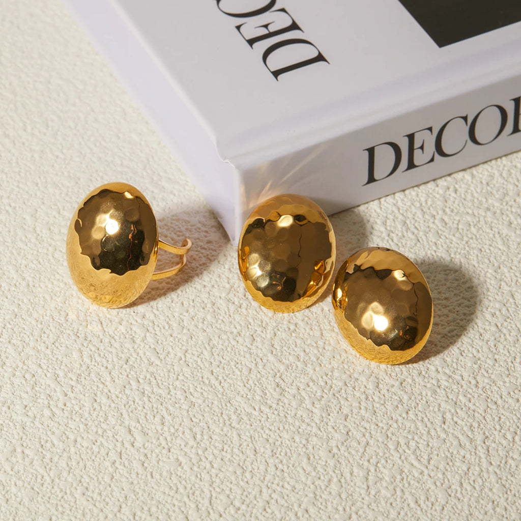 18K chic vandtæt rustfrit stål hammer kornmønster guldbelagt rustfrit stål oval åben ring Stilfuldt trendy smykker kvinder