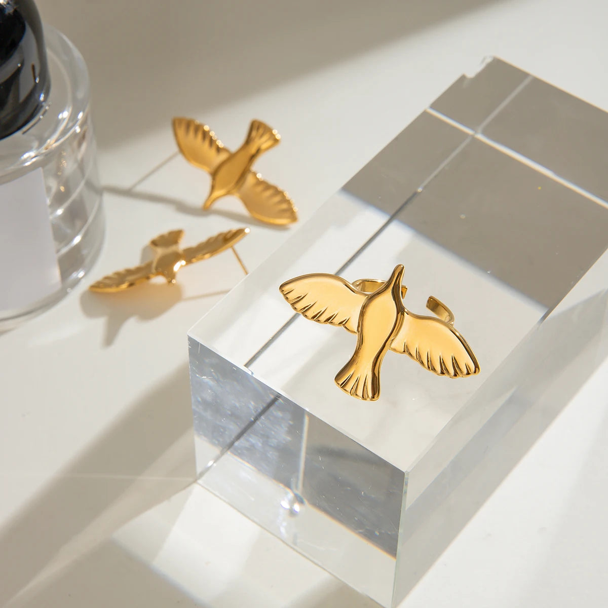 Minimalist 18k Altın Kaplama Düz Barış Güvercini Açık Yüzük Küpe Paslanmaz Çelik Kadınlar İçin Paslanmaz Şık Takı Bijoux