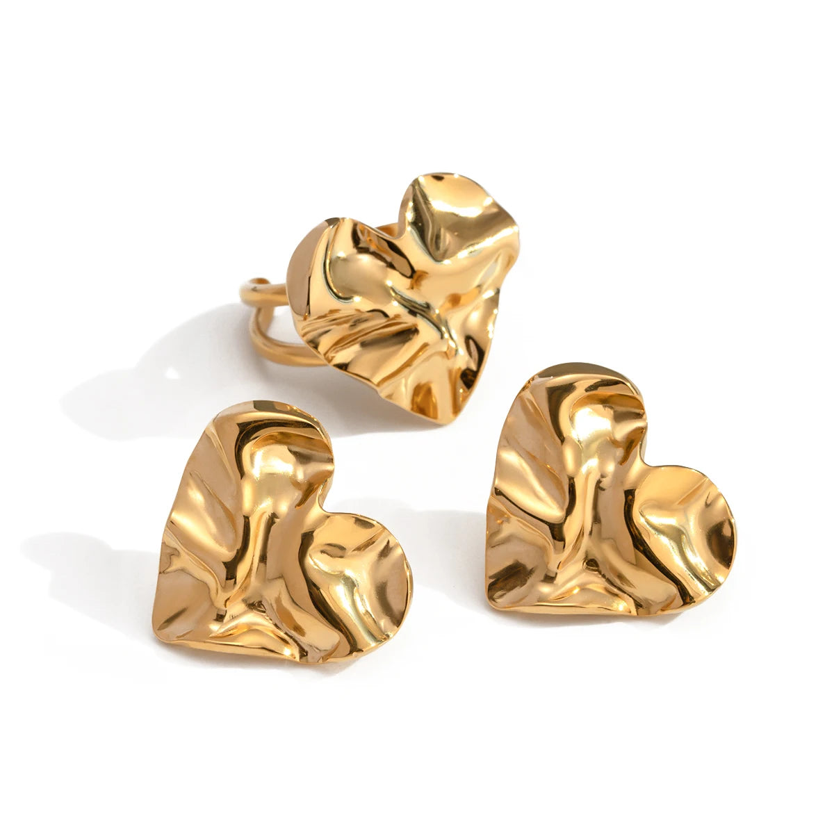 Waterproof 18K PVD Stainless Steel Geometric Hammer Grain Love Heart Opening Ring Charm Metal Simple Jewelry Bijoux Femme New