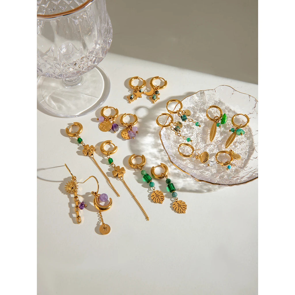 18K Gold Plated Charm Natural Stone Pentagram Moon Smooth Hoop Earrings Women Stainless Steel Fashion Jewelry Gala Gift