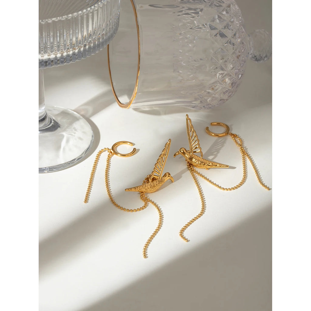 18K forgyldt rustfrit stål Peace Dove Wings White Rhinestone Tassel Øreclips Kvinder Charms Vandtæt Smykker Gala Gave