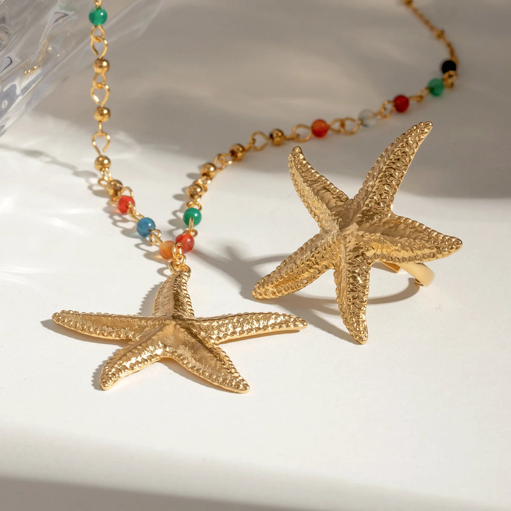 Creative 18k Gold Plated Hammer Grain Starfish Pendant Necklace Earrings Stainless Steel Women Anti Allergic Charm Jewelry