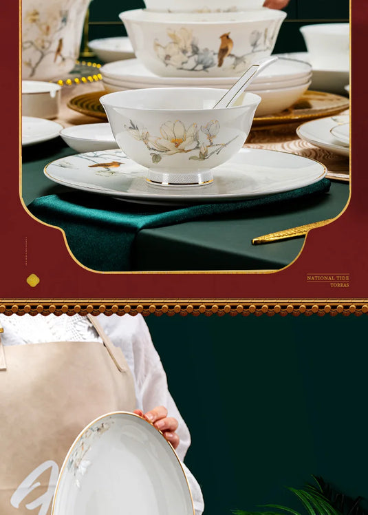 Jingdezhen Chinese style household ceramic bowls, plates, sets, boxes, bone china tableware, bowls, chopsticks, sets, porcelain