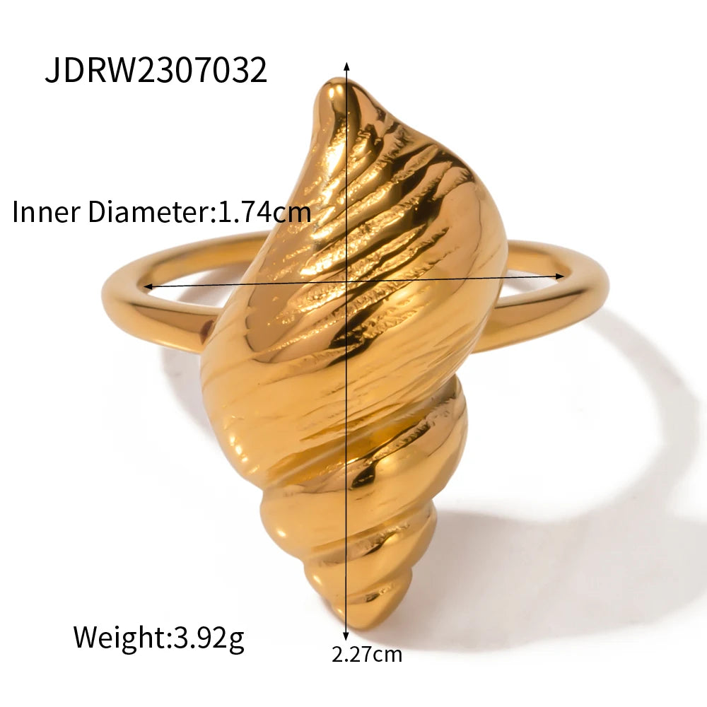 Conch strukturiert 18K goldbeschichteter Ring Trendiger Edelstahl klobig anlaufsicher Damenmode geometrischer Metallstruktur-Ring