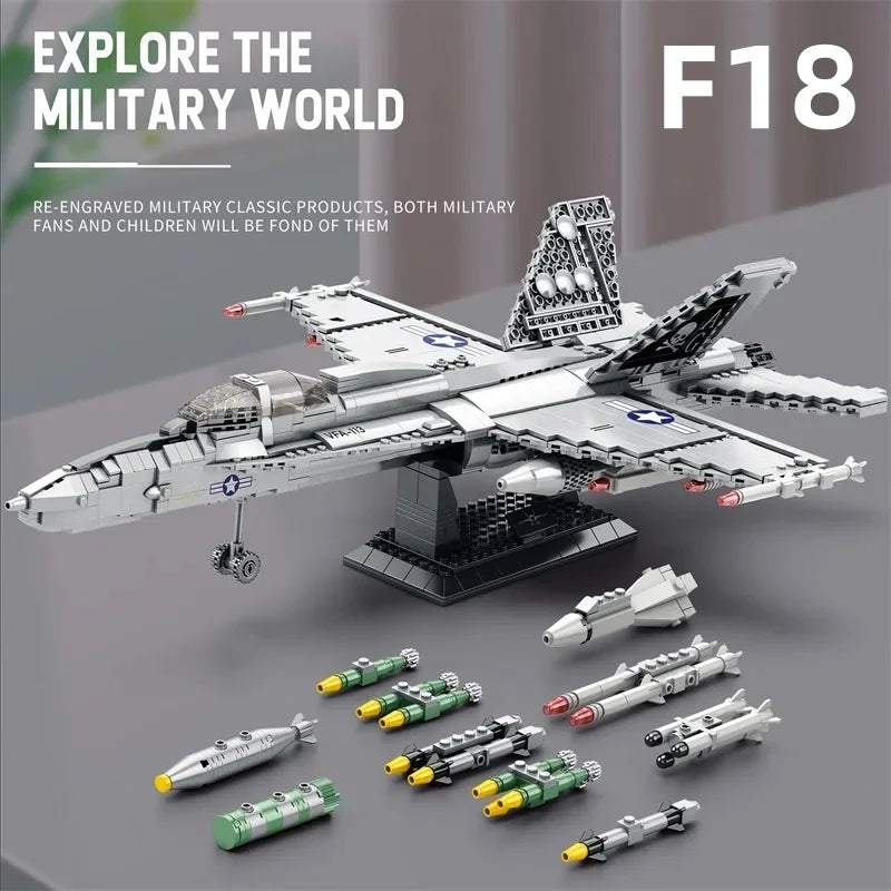 1387PCS Military F-18 Strike Fighter Aircraft Building Blocks MOC Carrier-Base Fighter Model Bricks Set Holiday Gifts Kids Toys