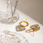 Colar e Brincos Femininos de Coração de Amor com Costura Dourada, Cor Prata e Dourada, em Aço Inoxidável Banhado a Ouro 18k, Anti-alérgicos