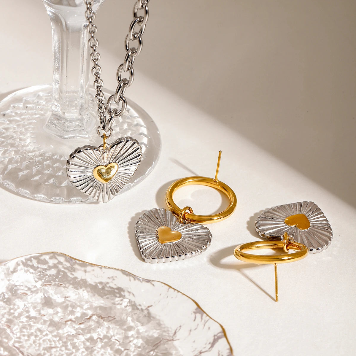 18k forgyldt rustfrit stål Guld Sølv Farve Matchende Ribbet Love Heart Halskæde Øreringe Anti-allergiske smykker til kvinder