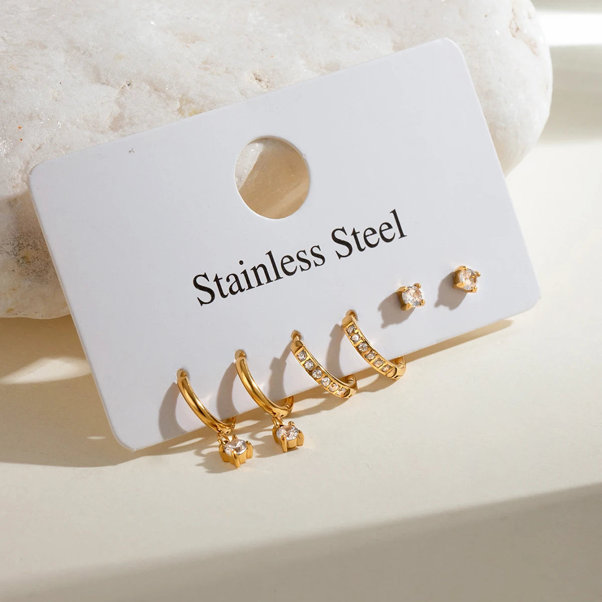 3 Pairs Per Card Stainless Steel White Rhinestone Earrings Women 18K PVD Plated Anti Allergic Rust Proof Jewelry