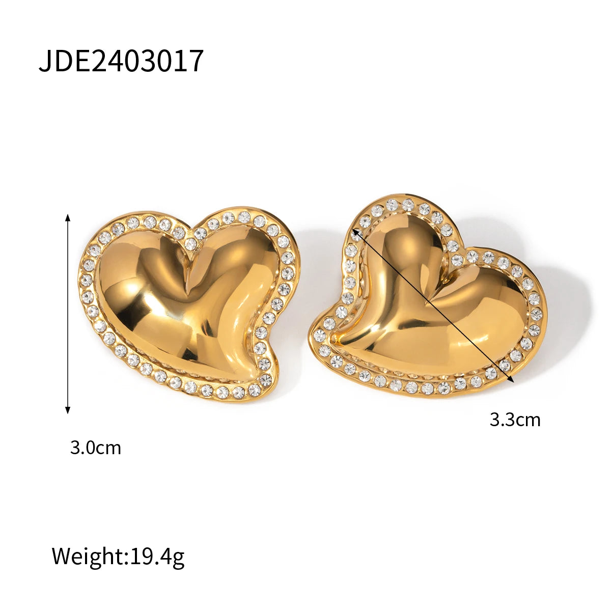 Charm Texture 18K Stainless Steel Metal Rust Proof Smooth Love Heart Stud Earrings Inlay Rhinestone Waterproof Stylish Jewelry