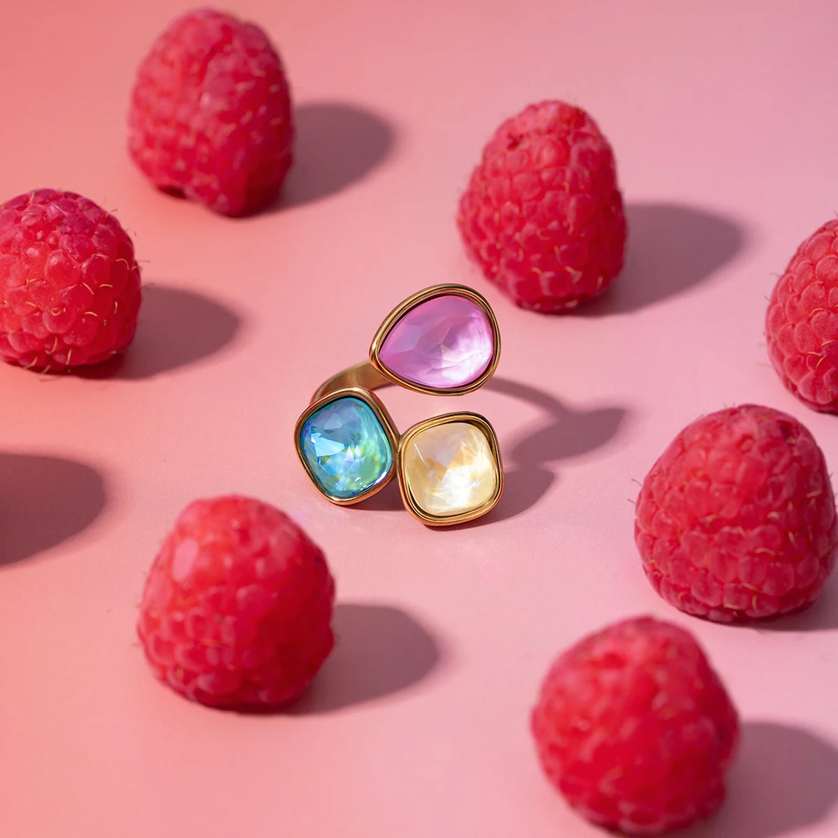 Hot Style 2024 rustfrit stål geometriske flerfarvede zirkonøreringe åbne ringsæt 18K guld vandtæt belagte alsidige smykker