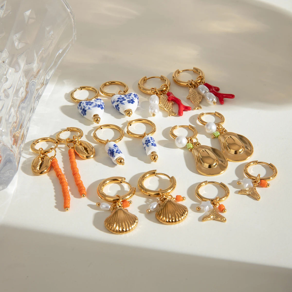 Stilfuld 18K forgyldt rustfrit stål Simple multi-formede vedhængsring øreringe Dame charms Vandtæt smarte smykker