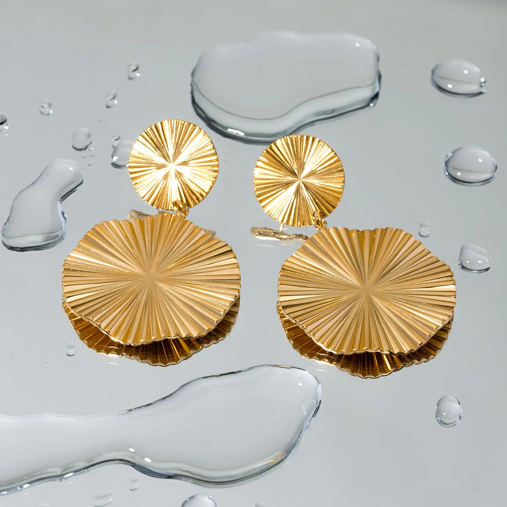 18K Gold Plated Plicated Stainless Steel Round Pendant Exaggerated Earrings for Women Ear Stud Exaggerated Ear Jewelry