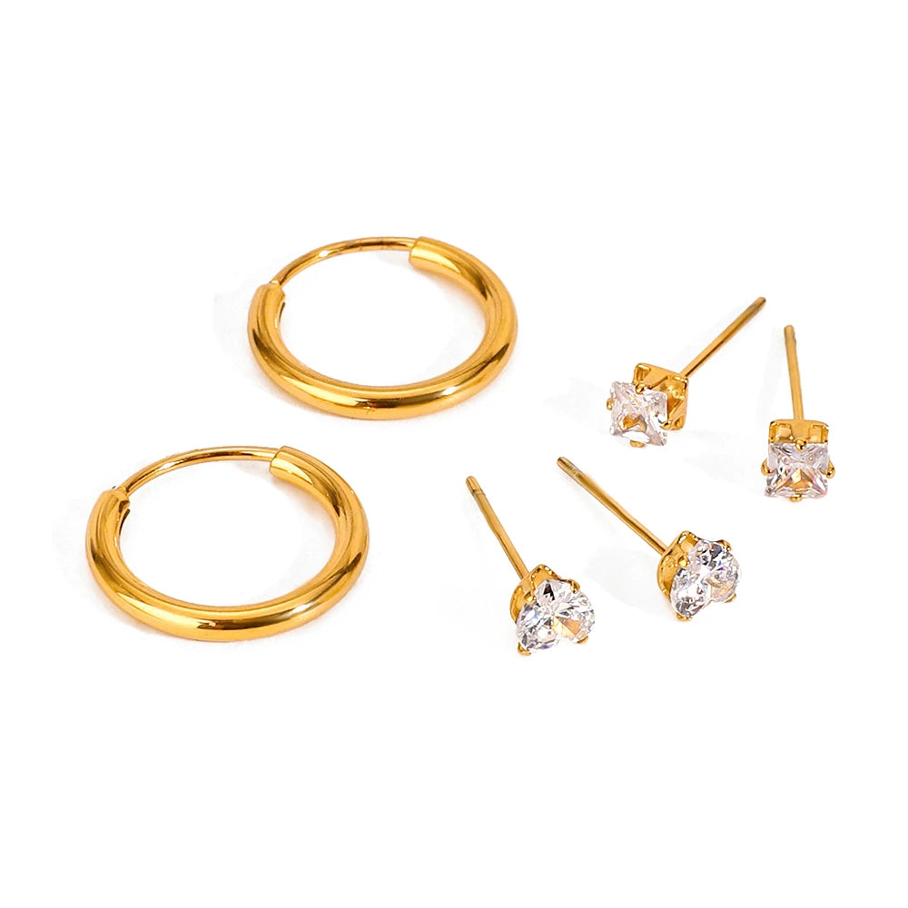 3 par pr. kort rustfrit stål hvid zirkon med almindelige cirklede øreringe 18K PVD-belagte anti-allergiske rustsikre smykker