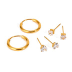 3 par pr. kort rustfrit stål hvid zirkon med almindelige cirklede øreringe 18K PVD-belagte anti-allergiske rustsikre smykker