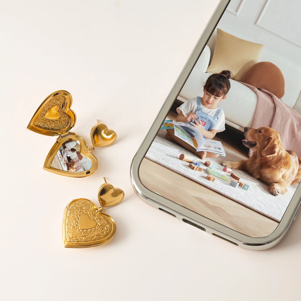 Orecchini a goccia con conchiglia placcata in oro 18k a forma di cuore d'amore, scatola per foto, acciaio inossidabile, donna, antiruggine, regalo per gala, gioielli