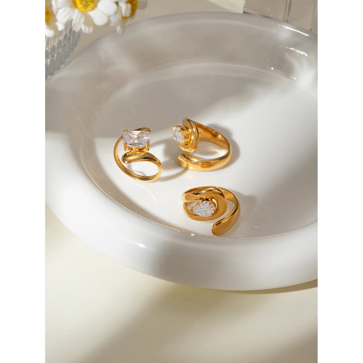 18K Gold Plated Stainless Steel Water Drop Shaped Large Zircon Opening Ring Anti Allergic Women Waterproof Statement Jewelry