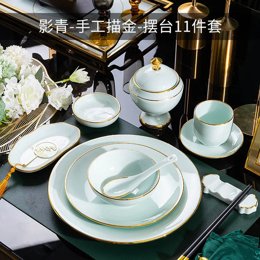 Jingdezhen tableware set, hotel tableware, dishes, gifts, handmade gilt edged dining plates, household dining plates