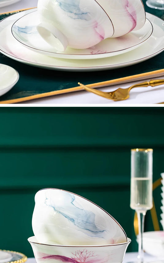 Jingdezhen Ceramic Bowl and Dish Set, Bone Porcelain Bowl and Chopstick Household Tableware Set