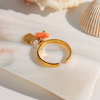 Zora Boho Ocean Style Adjustable Open Ring Gold Plated Stainless Steel Coral Freshwater Pearl Shell Charm Beach Jewelry Gift