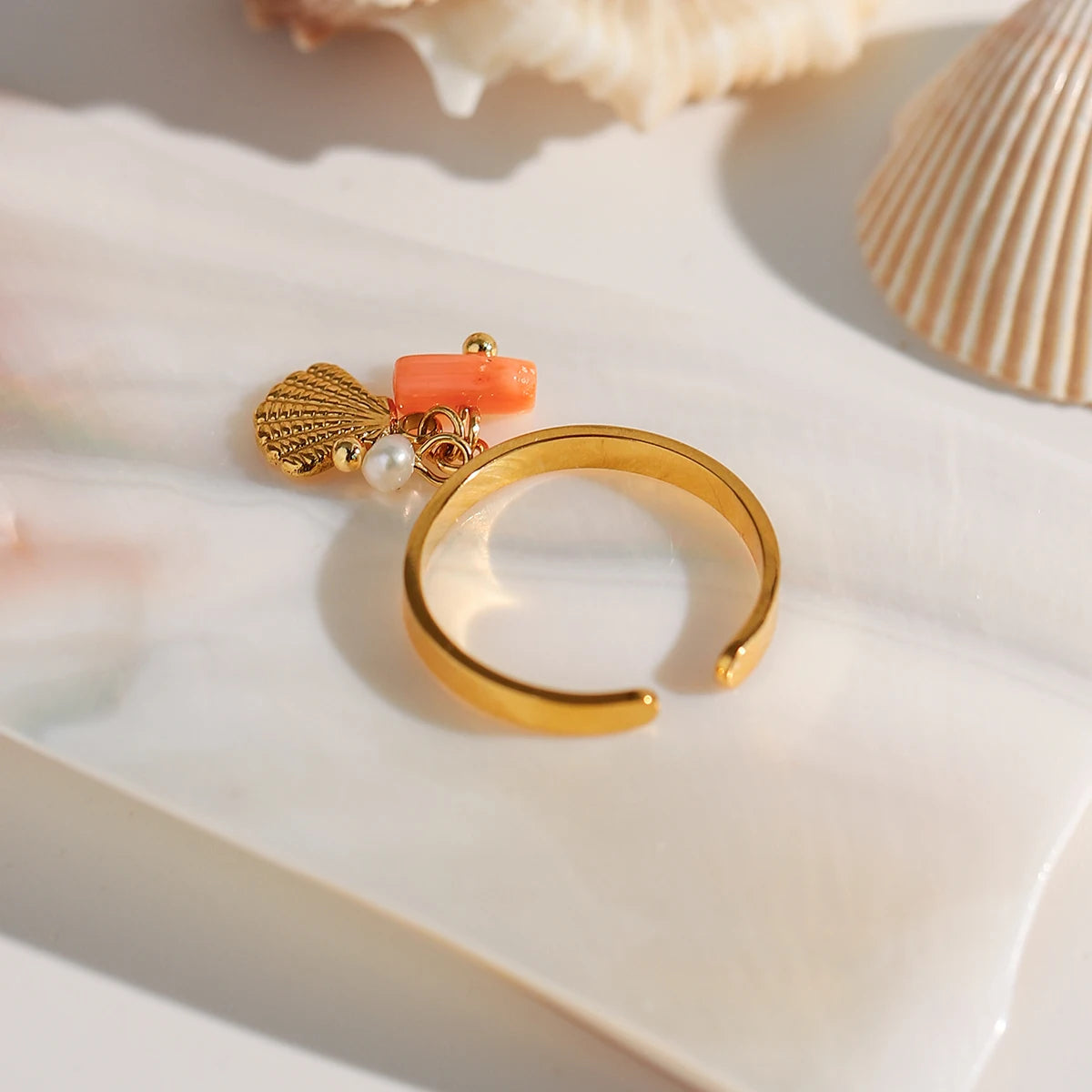 Zora Boho Ocean Style Adjustable Open Ring Gold Plated Stainless Steel Coral Freshwater Pearl Shell Charm Beach Jewelry Gift