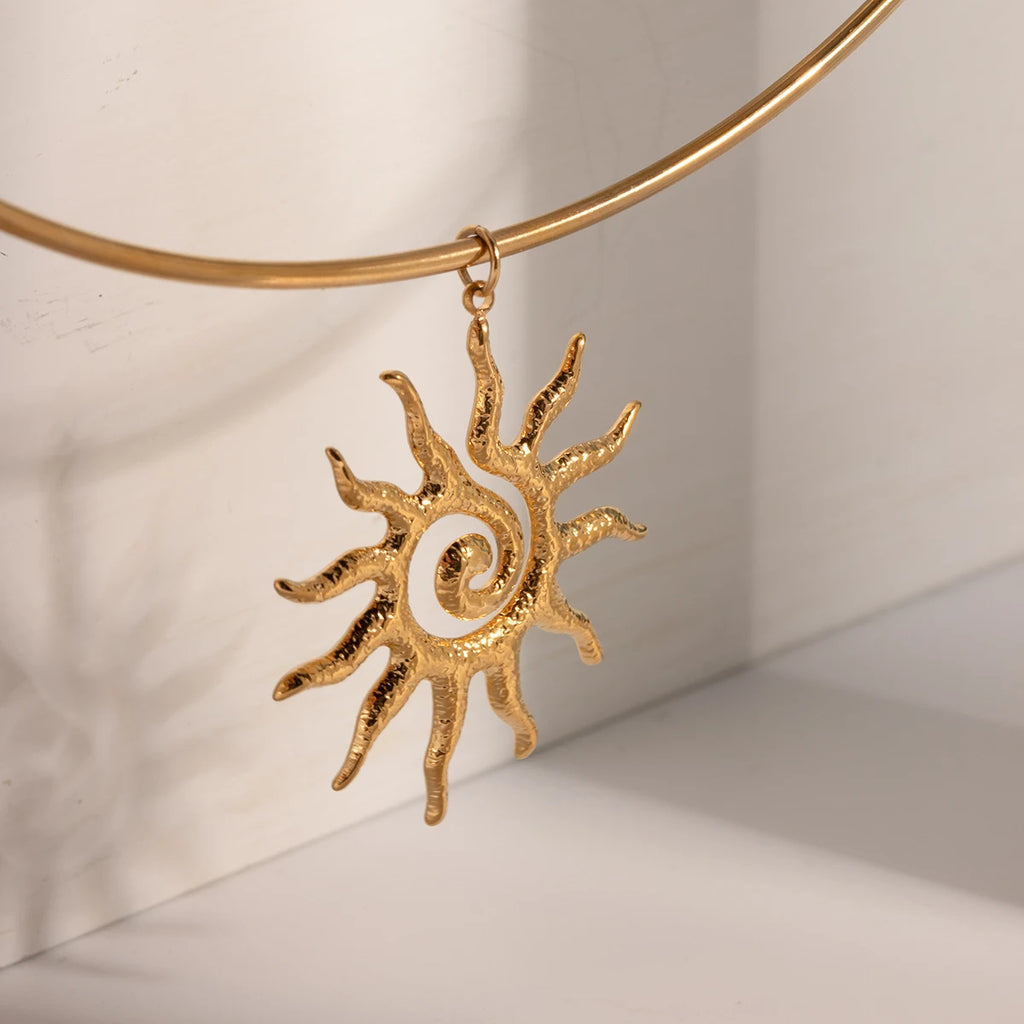 Stainless Steel Geometric Fashion Spiral Sunflower Pendant Necklace/Earrings 18K Gold Plated Prevent Allergy Statement Jewelry - Grand Goldman
