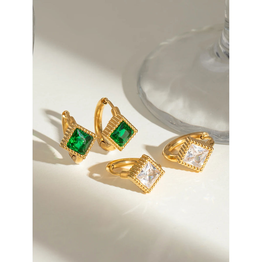 Pendientes de botón cuadrados acanalados de circonia blanca de acero inoxidable 18K Accesorios para mujeres Antialérgicos Joyería de declaración Accesorios