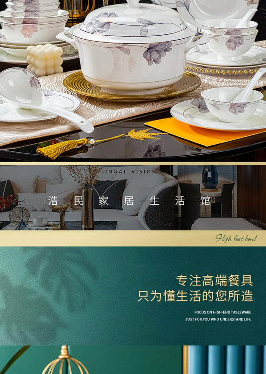 Jingdezhen Bone Porcelain Tableware New Chinese Style Bowls, Chopsticks, Dishes, Household Ceramic Bowl and Dish Set