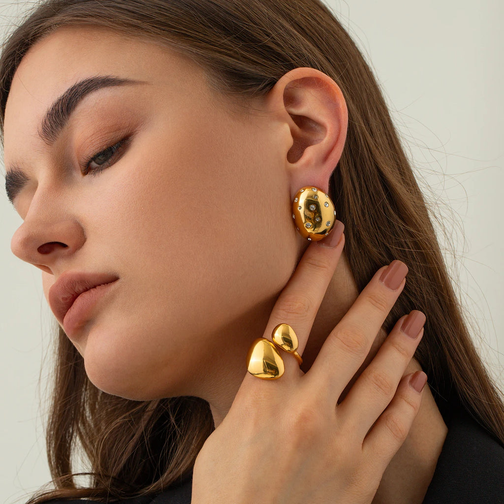 Boucles d'oreilles ovales plaquées PVD or 18 carats en acier inoxydable avec incrustation de strass blancs, charme étanche, accessoires pour femmes, cadeau de bijoux