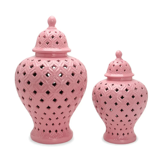 Pink Hollow General Jar Ceramic Ginger Jar Vase Candy Storage Jar Art Decorative Tank Flower Arrangement Home Craft Decoration