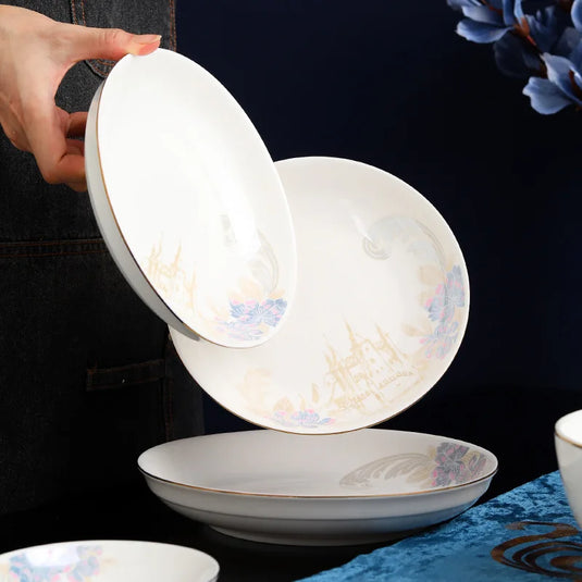 Zimo Flower Phnom Penh Bone Porcelain Tableware, Household Light Luxury Ceramic Bowl and Spoon Set, Bowl and Plate Combination