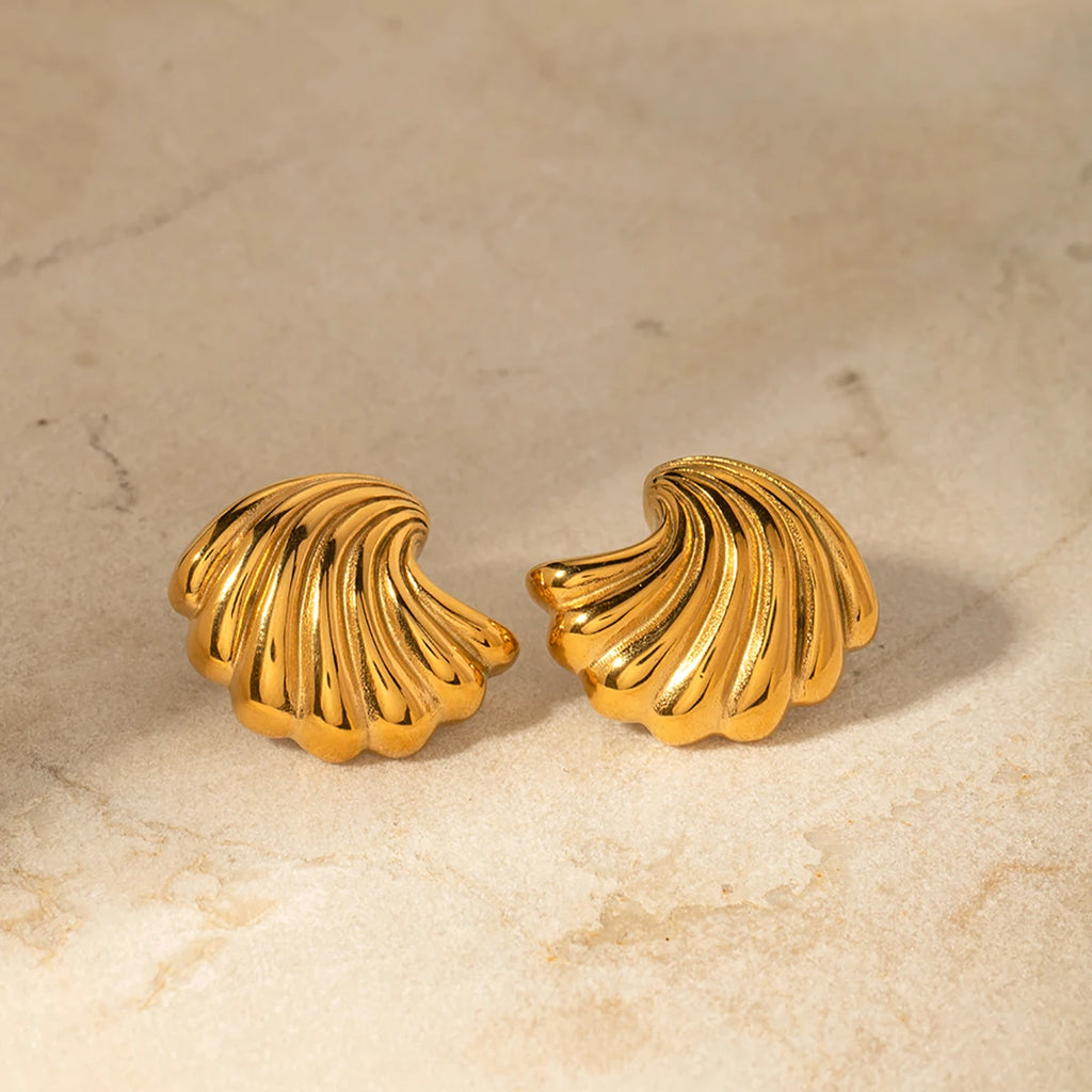 Sea Starfish Shell Series Vintage 18K Gold Plated Open Ring Stud Earrings Stainless Steel Statement Waterproof Jewelry Women
